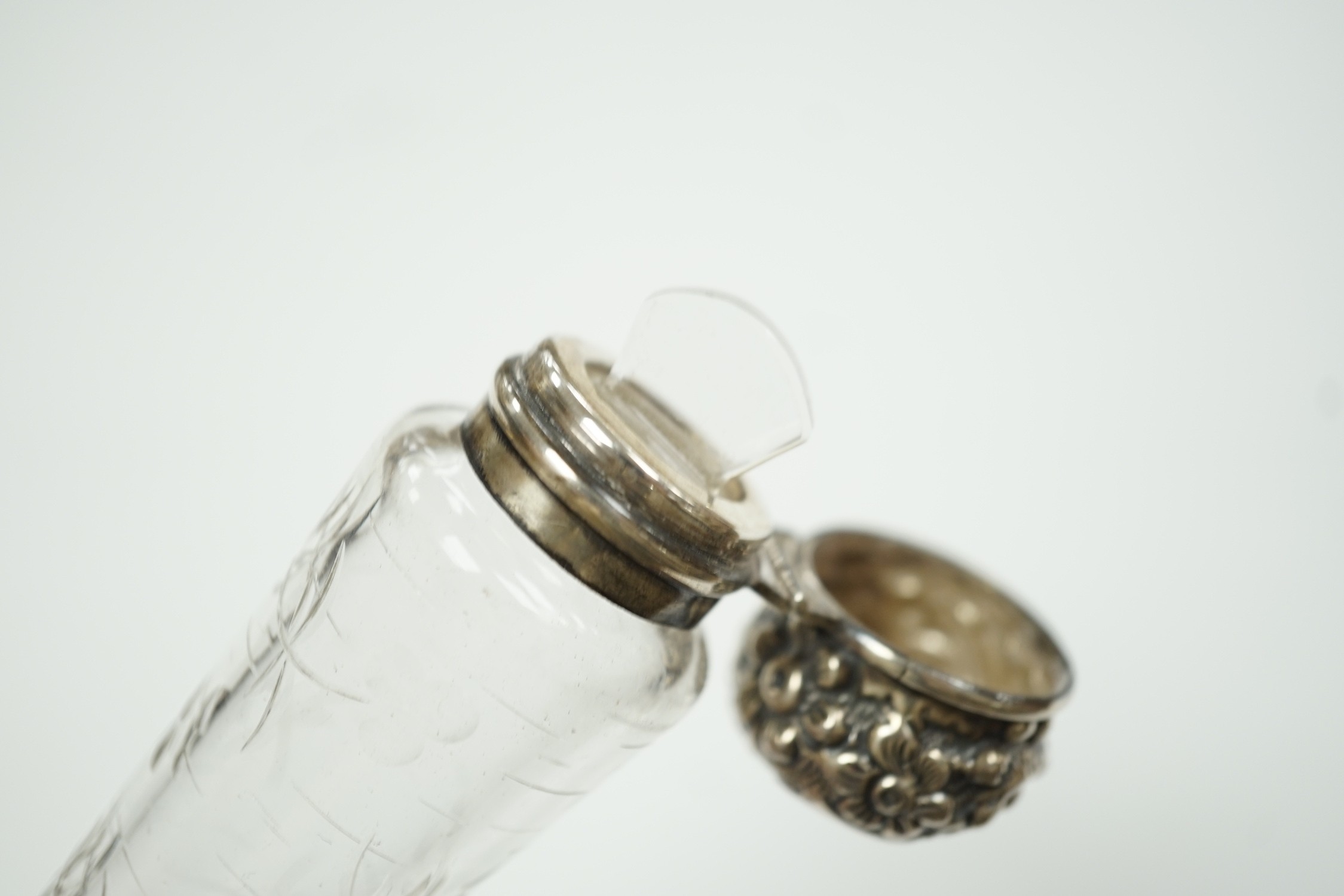 A late Victorian silver mounted cut glass teardrop shaped scent bottle, Birmingham, 1894, 21.4cm.